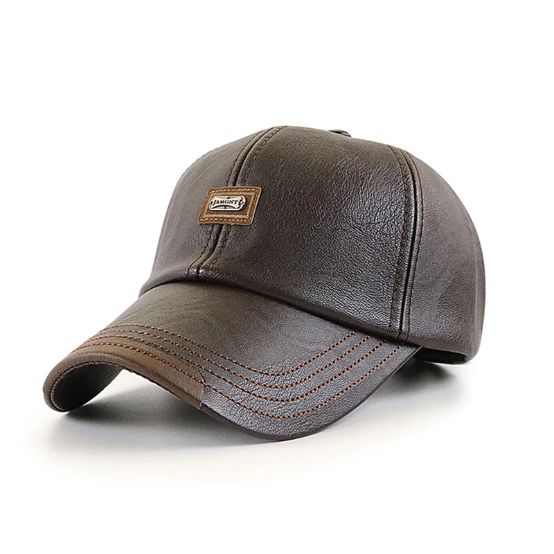 Gorra de béisbol informal a la para hombre, gorro fino de terciopelo, gorra de béisbol de cuero para otoño e invierno, nueva 2024: Dark Brown