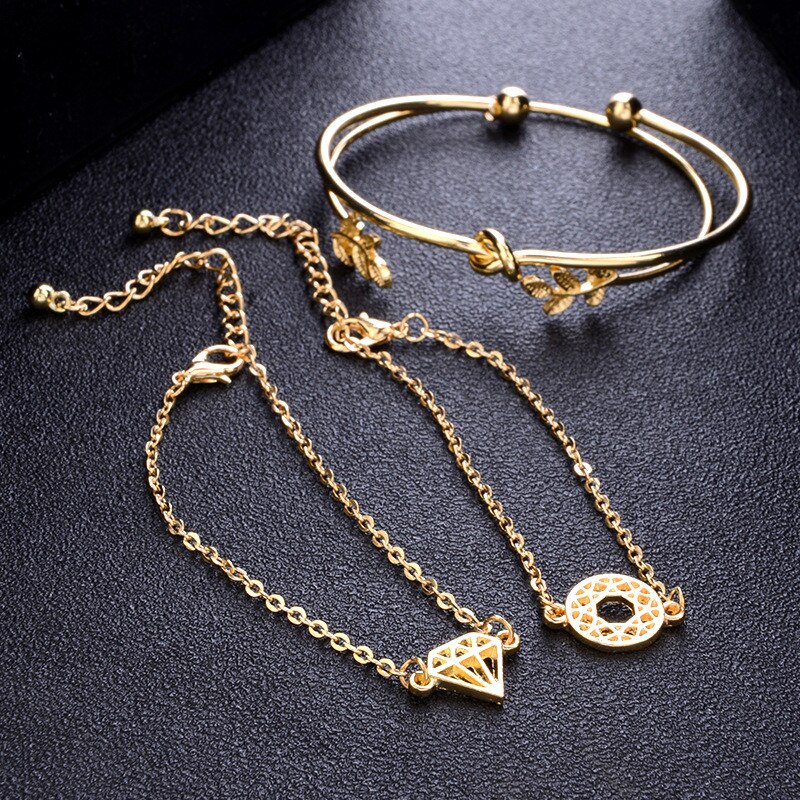 Modyle Bohemian Leaves Knot Round Chain Opening Gold Bracelet Set Women Apparel Jewelry Valentines Day