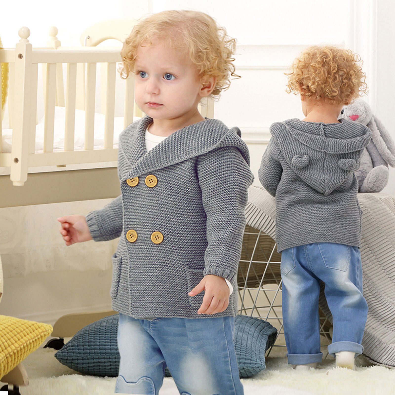 Manteau pour bébés garçons et filles, vêtements d'hiver à la , couleur unie, capuche tricotée, Double boutonnage boutonné, hauts chauds pour enfants