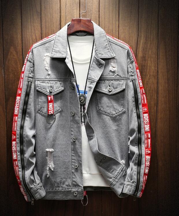 Blue Denim Jacket Men Autumn Slim Fit Hooded Ripped Jean Jacket Coat Hip Hop Streetwear Patchwork Outfit: gray / XXXL