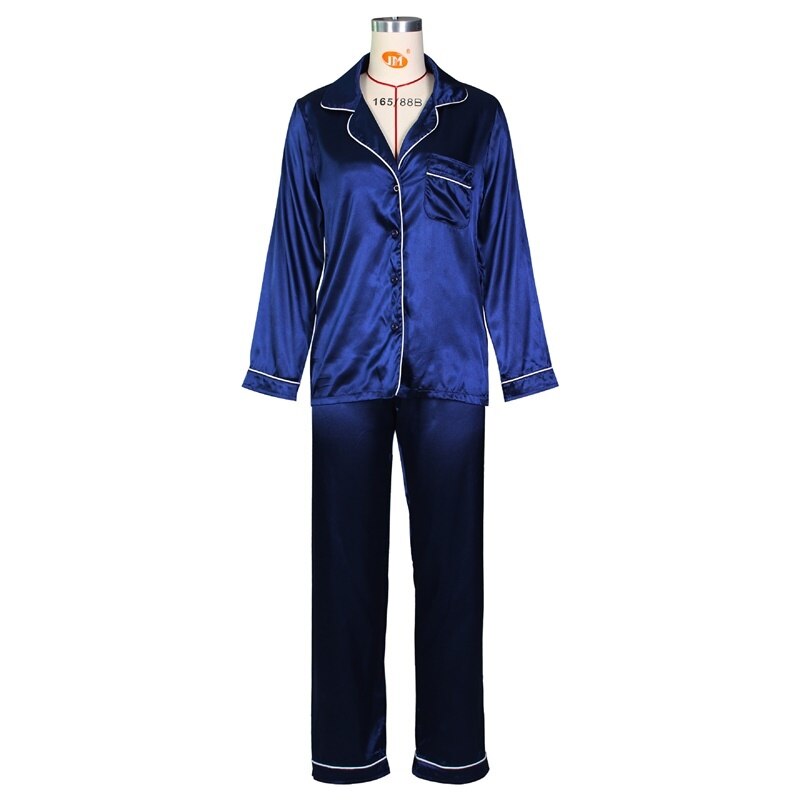 Langærmede enkeltradede bukser jakkesæt satin damedragter løse kvindelige dyb v skjorte + lige bukser 2- delt sæt outfits: Blå / Xl
