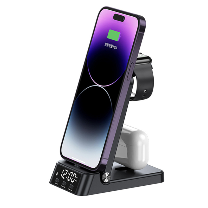 Support de chargeur sans fil pliable 4 en 1, horloge, alarme, pour iPhone 14 13 12 11, Samsung Galaxy Apple Watch 8/7/6, Station de charge rapide