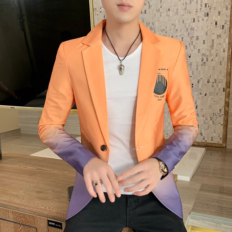 Herre koreansk slim fit blazer jakkesæt rød orange hvid colorblock jakkesæt mandlige blazere bryllupskostumer sangere jakke