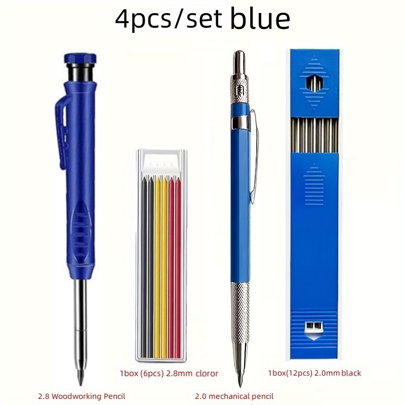 2.8/2.0mm solida mekaniska pennor för snickare med stiften inbyggd vässare markeringsverktyg för träbearbetning, mekaniska pennor för djupa hål: Blå