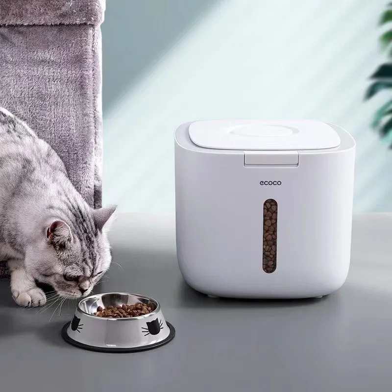 Recipiente de armazenamento de alimentos para cães de estimação, caixa de comida seca para gatos, vedação à prova de umidade, hermética com copo de medição, produtos de maca para gatinhos