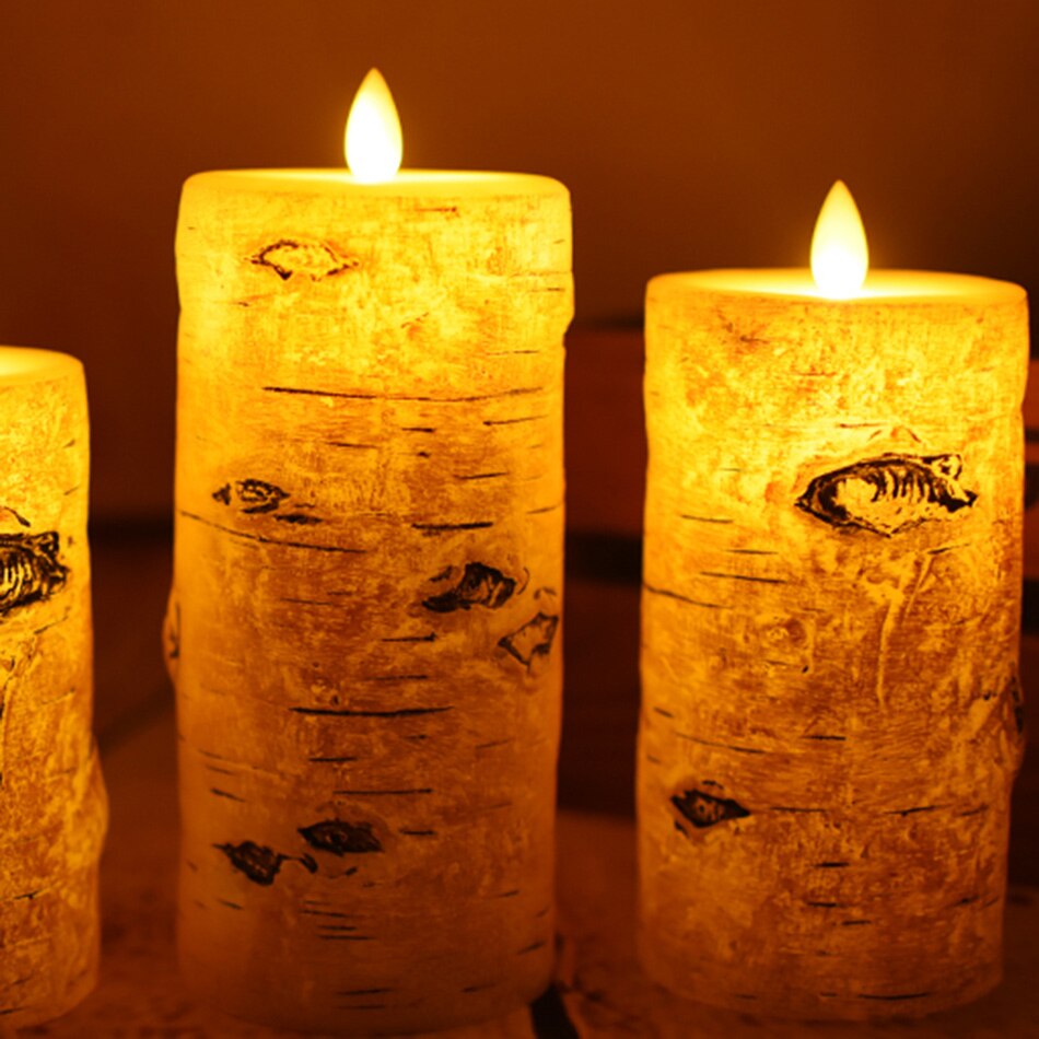 Luces tipo vela de LED tipo pilar con efecto de corteza de abedul, vela led de cera de parafina con batería para decoración de iluminación de Navidad., luz nocturna para el hogar