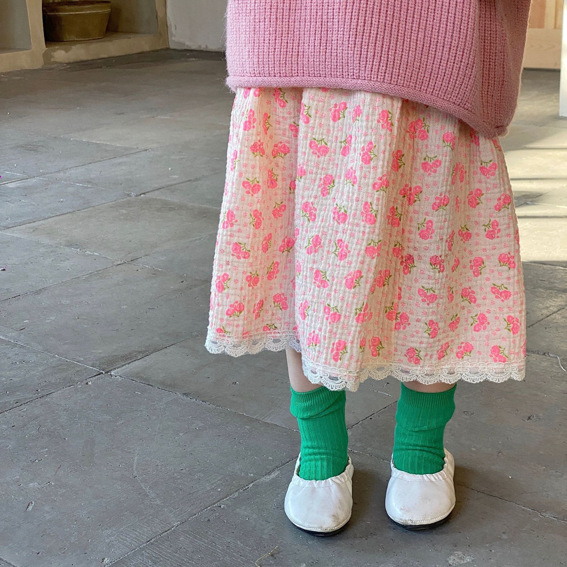 Vêtements coréens pour enfants, jupe en dentelle, en coton, rose, florale, printemps 2022