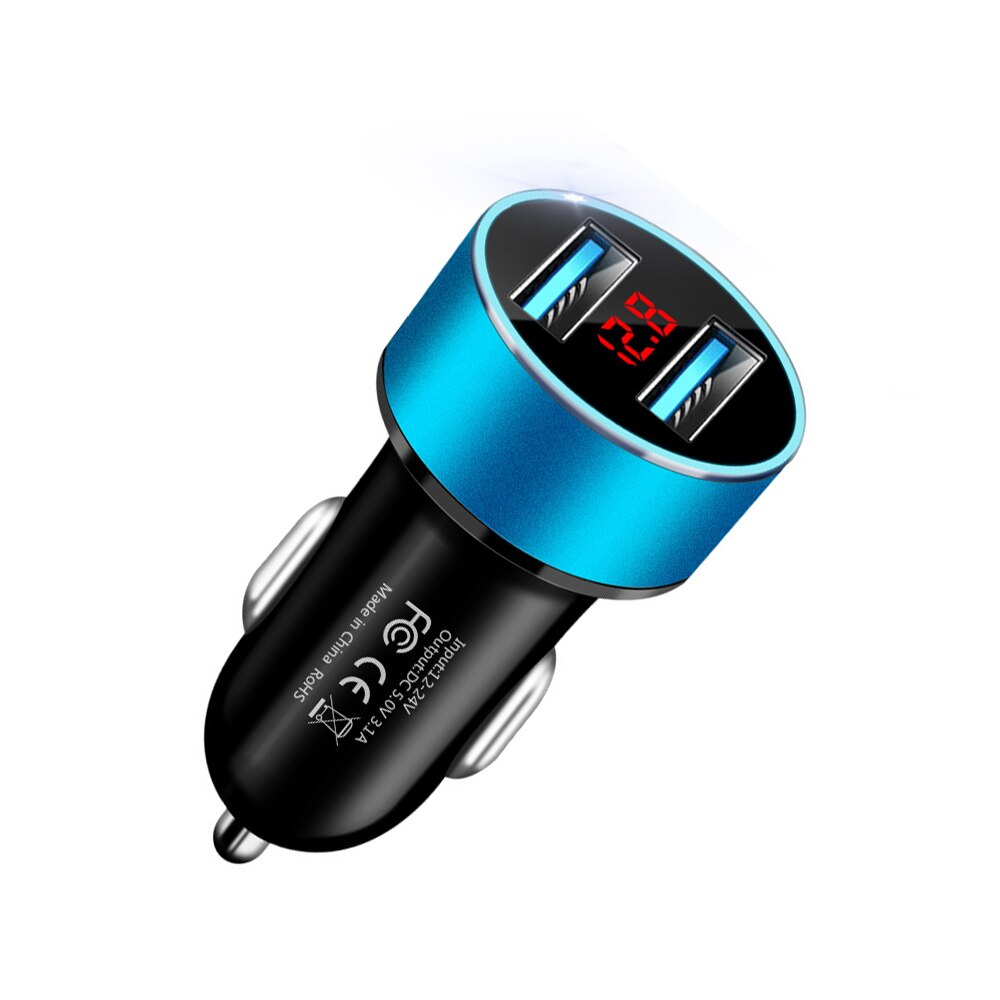 Led display voltmeter 3.1a dobbelt usb telefon oplader bil cigarettænder strømadapter stik splitter til 12-24v biler: Blå