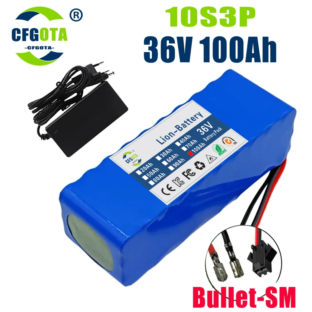 36V 100Ah 18650 battery pack 10S3P 100000mAh built-in 15A BMS, 250W-500W scooter, electric bicycle battery + 42V 2a charger: green