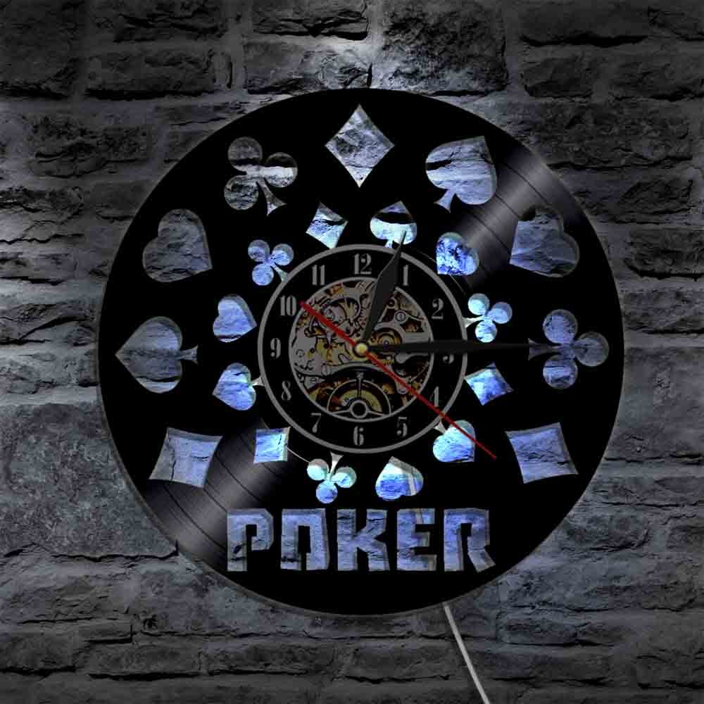 Poker King Rummy Card LED Light Illuminated Vinyl Record LP Wall Clock Play Cards Holdem Omaha Wall Watch For Poker Lover