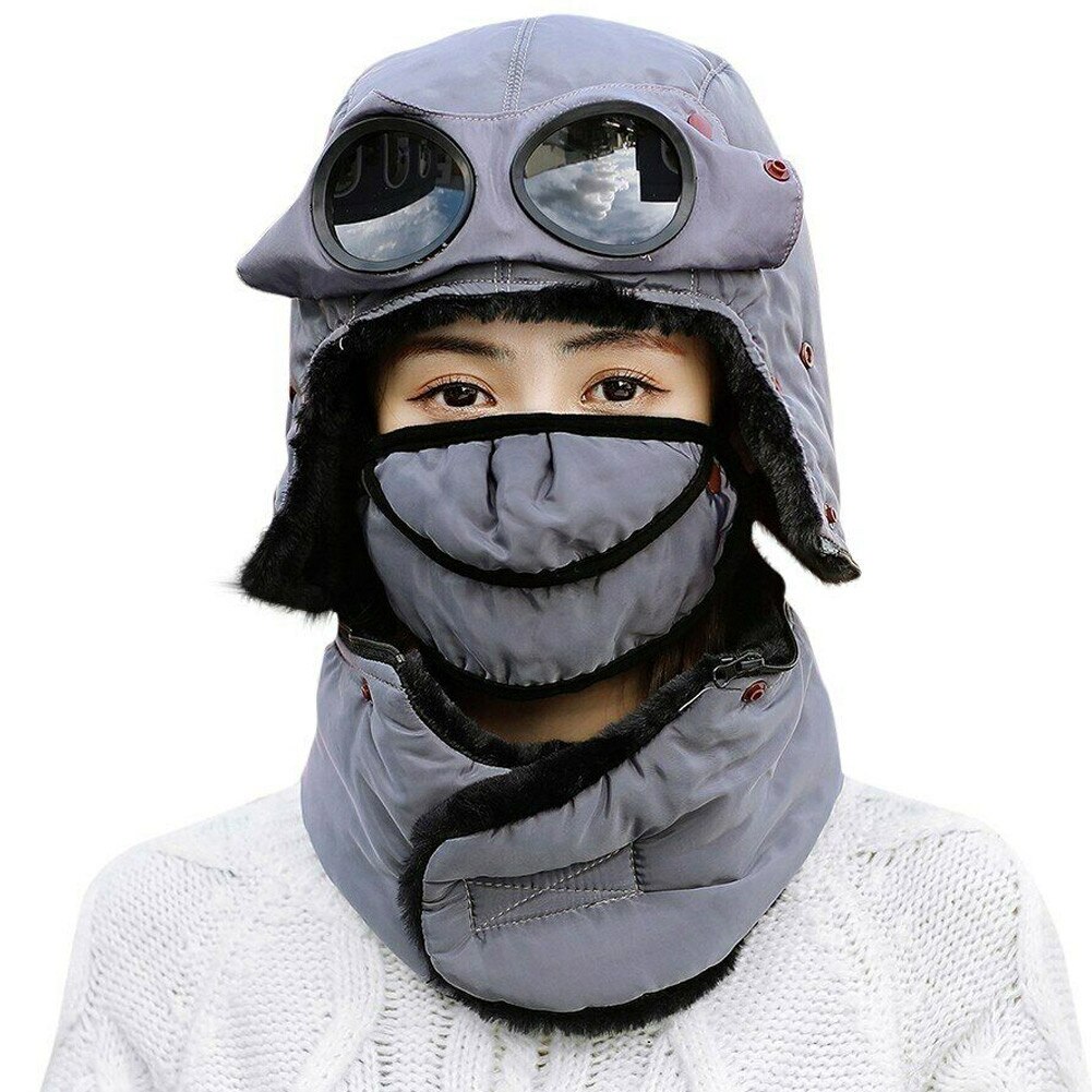 Thermal Winter Trapper Hat with Glasses Autumn Winter Cycling Windproof Outdoor Cap WHShopping: Gray
