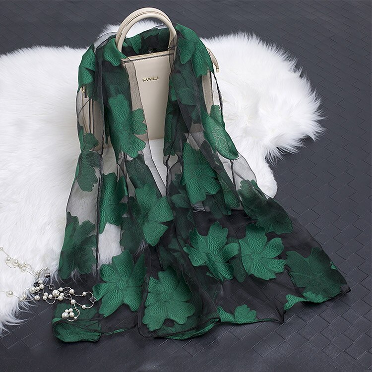 printemps Organza soie écharpe femmes de luxe broderie longue écharpe Hijab hiver dentelle foulards châle pour fille accessoires: green