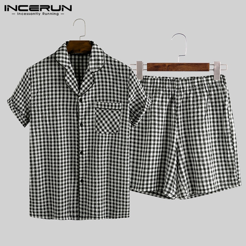 Summer Pajamas Sets Men Plaid Lapel Button Short Sleeve Cotton Sleepwear Tops Shorts Soft Unisex Homewear Pyjamas Sets INCERUN