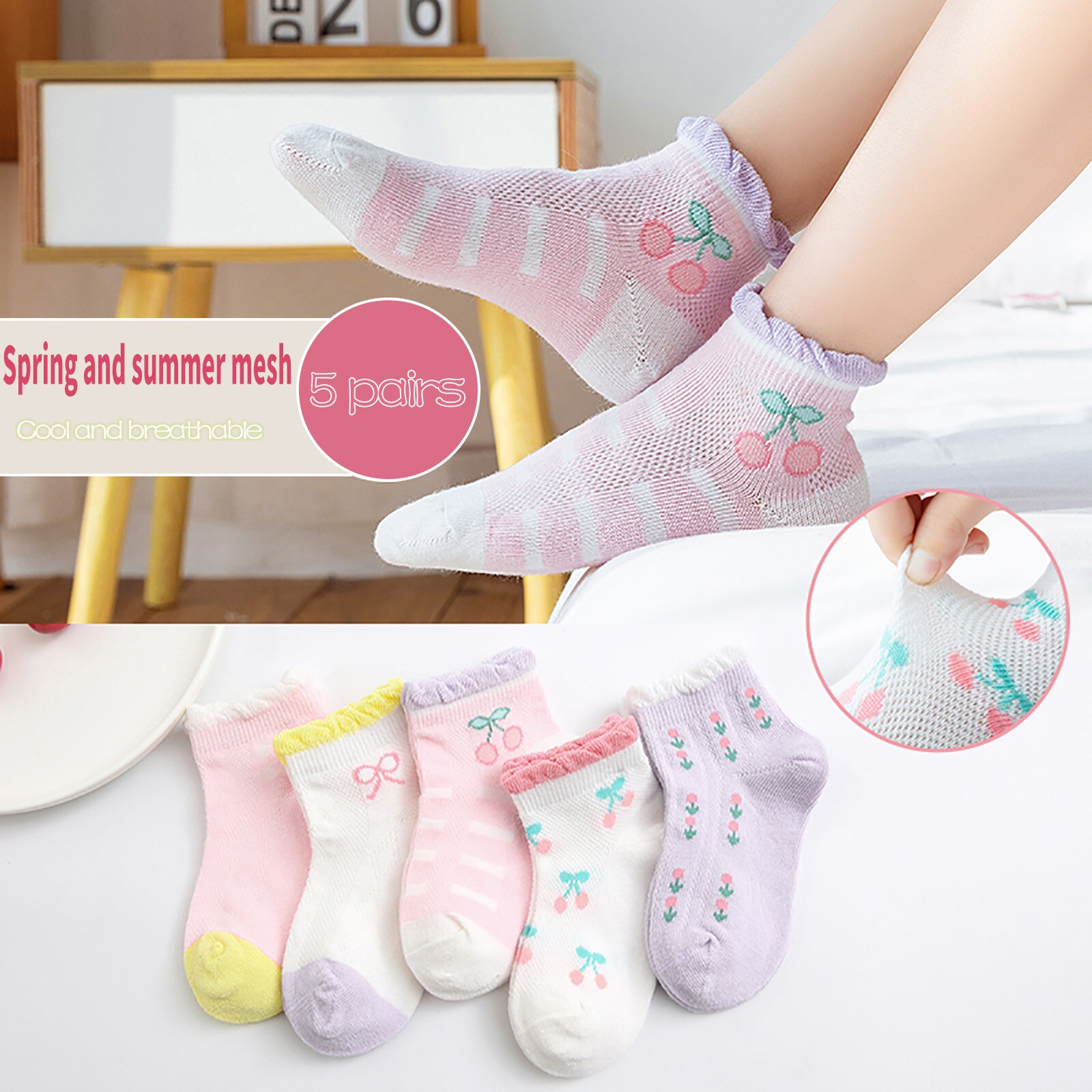 5 Paare/los Kinder Baumwolle Socken Für Jungen Mädchen Baby Teen Gemütliche Weiche Nette Cartoon Atmungsaktive Mesh Socken 1-12y Sommer kinder