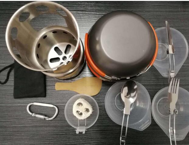 Outdoor Hiking Camping Cooking Picnic Bowl Pot Pan Set Set with cutlery Cookware stove outdoor equipment: Orange