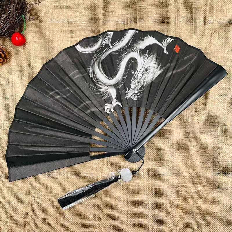 Éventail pliant de style chinois, tissu de danse classique, impression de dragon animal en plastique vintage, ventilateurs à main, accessoires photo, cosplay