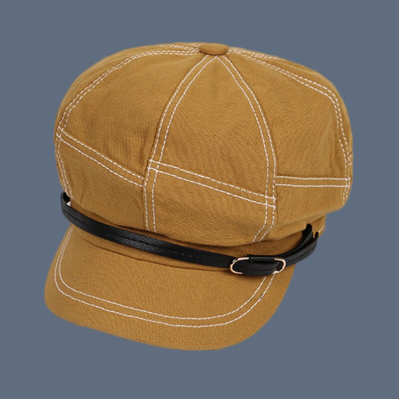 HT3319 Women Berets Spring Autumn Women Hat Retro Leather Belt Octagonal Newsboy Cap Ladies Solid Plain Artist Painter Beret Hat: Yellow
