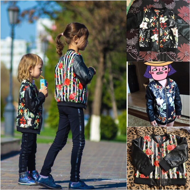 Filles cuir manteau enfants veste en cuir synthétique polyuréthane 3-9 ans fille col rond imprimé fleurs camouflage artificiel enfants outwear