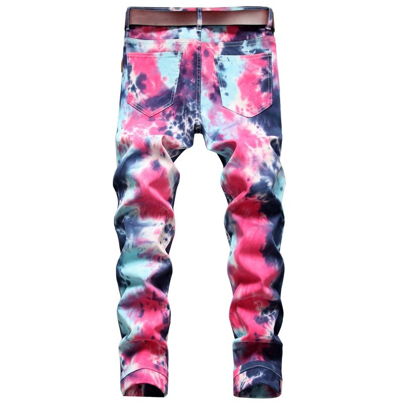 Men's Tie and Dye Stretch Denim Jeans Trendy Fancy Colored Purple Printed Pants Trousers