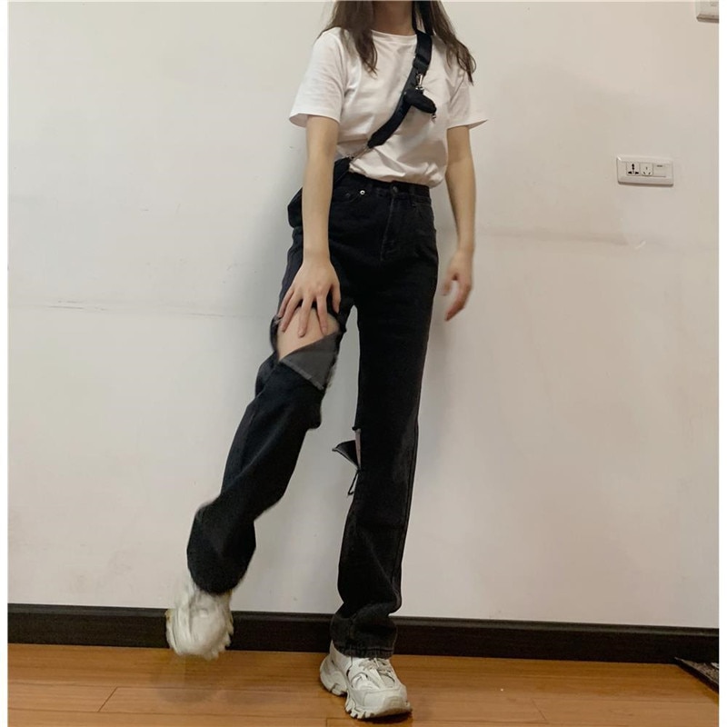 Ripped jeans til kvinder plus størrelse 5xl højtaljede mom jeans vintage sorte denimbukser fuld længde bukser harajuku hult hul