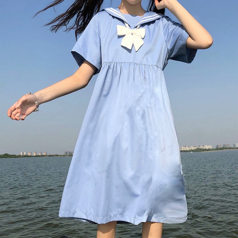 Rok vrouwelijke zomer koreaanse effen dunne lange jurk schooluniform japanse matrozenjurk schooljurk: Default Title