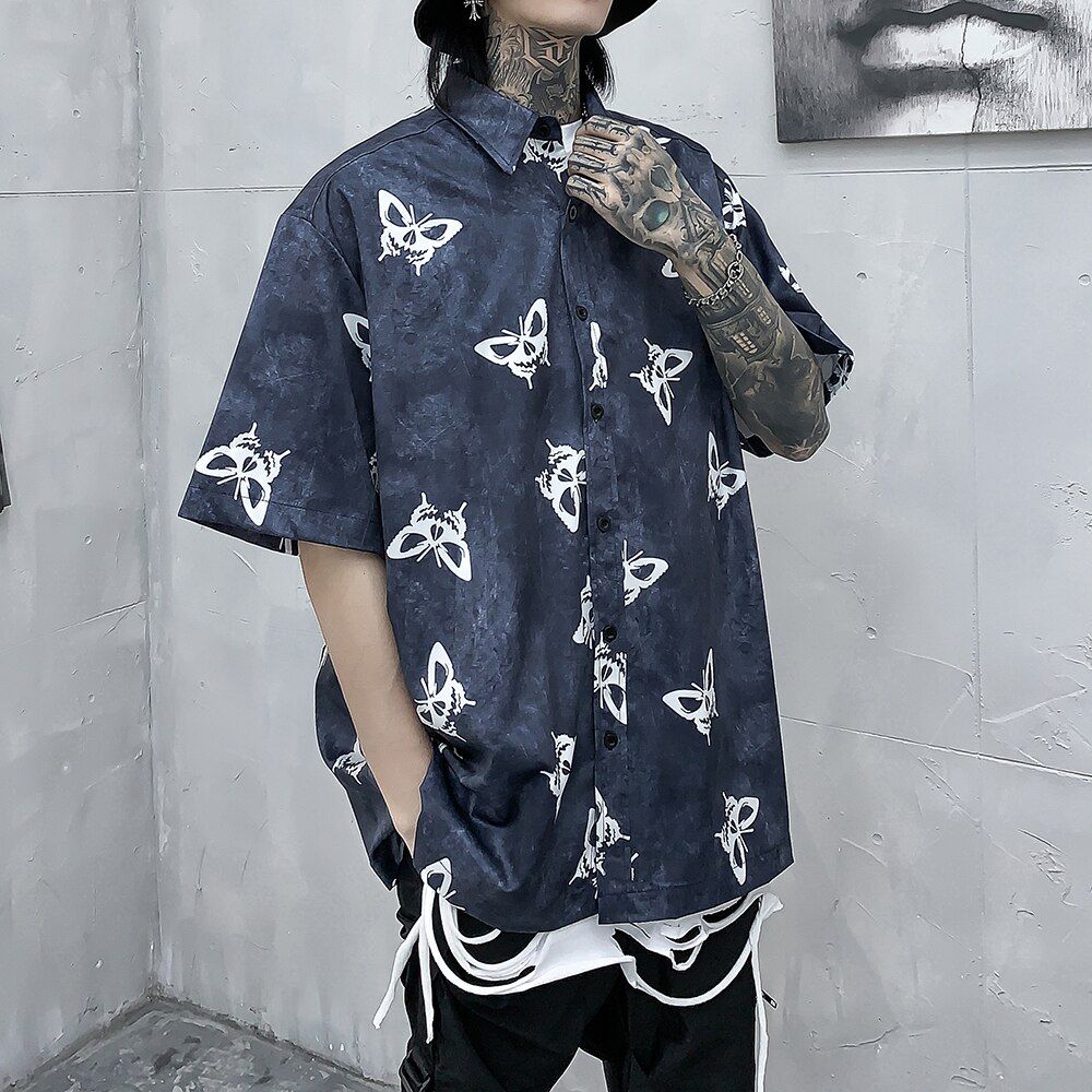 Gothic butterfly skjorte herre sommer toppe plus size herre bluse sort goth tøj oversized streetwear skjorter sommer