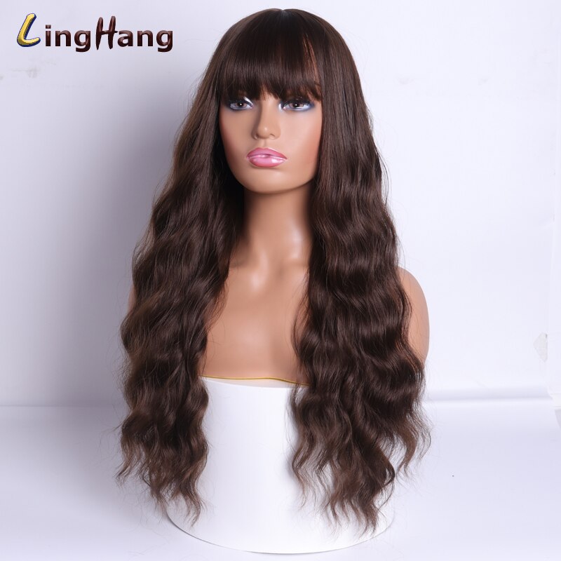 LING HÄNGEN Lange Wellig frauen Perücke 24-Zoll Synthetische Braun Haar Mit Pony Natürliche Wellenförmige Hohe Temperatur Faser perücke: 10-12-30
