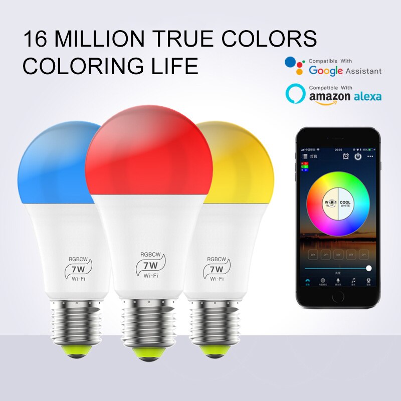 Smart Led Bulb E27 7W Wifi Wireless Voice Control Compatible Alexa Google APP Control Timing Dimming Automation Residential