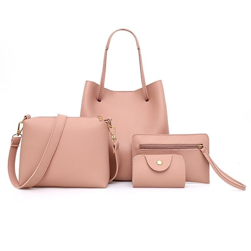 4Pcs Women Handbag Brand Shoulder Bags Wallet Casual Waterproof Tote Bags Crossbody Wallet Bags Large Capacity: Pink