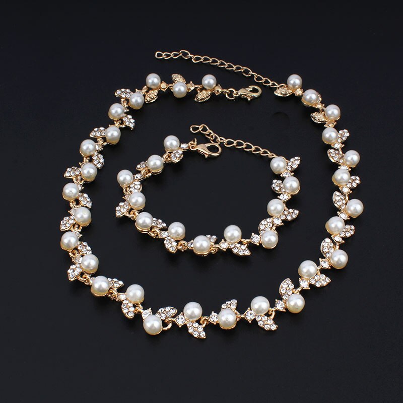 Jiayijiaduo Gesimuleerde Parel Bruids Sieraden Sets Gold-Kleur Ketting Set Bruiloft Kostuum Sieraden Ketting Oorbellen Armband Set