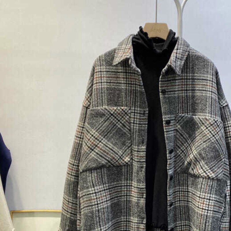 E-baihui streetwear løs rutete skjorte jakke dame casual høst kvinner kåpe kvinne skjorte knapper lommer tweed korte kåper: Grå