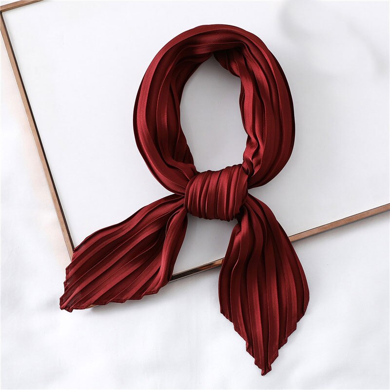 Silk Pleated Scarf Square Scarf For Women Small Scarves Soft Satin Neckerchief Decorative Headscarf Solid Hair Scarf Summer: Wine red