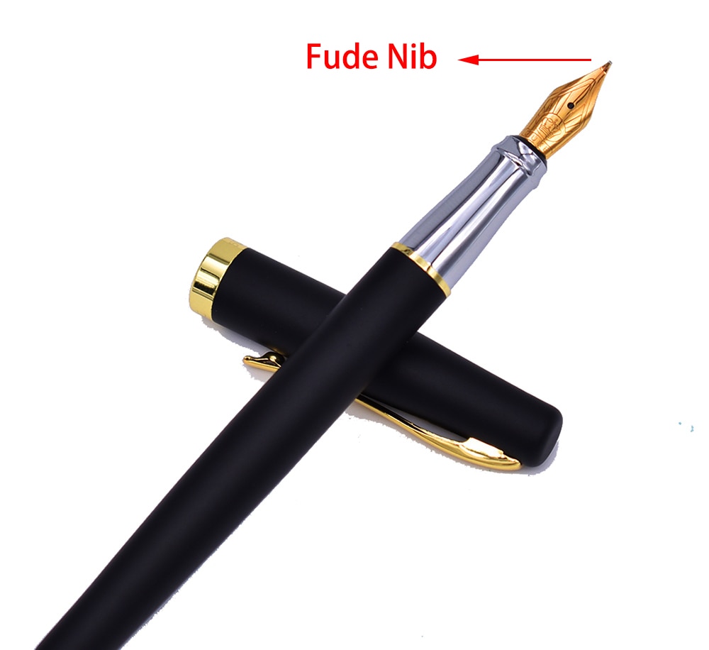 Duke 209 Staal Fude Kalligrafie Vulpen Gebogen Penpunt, Mat Zwart met Gouden Clip Geavanceerde Schrijven Pen