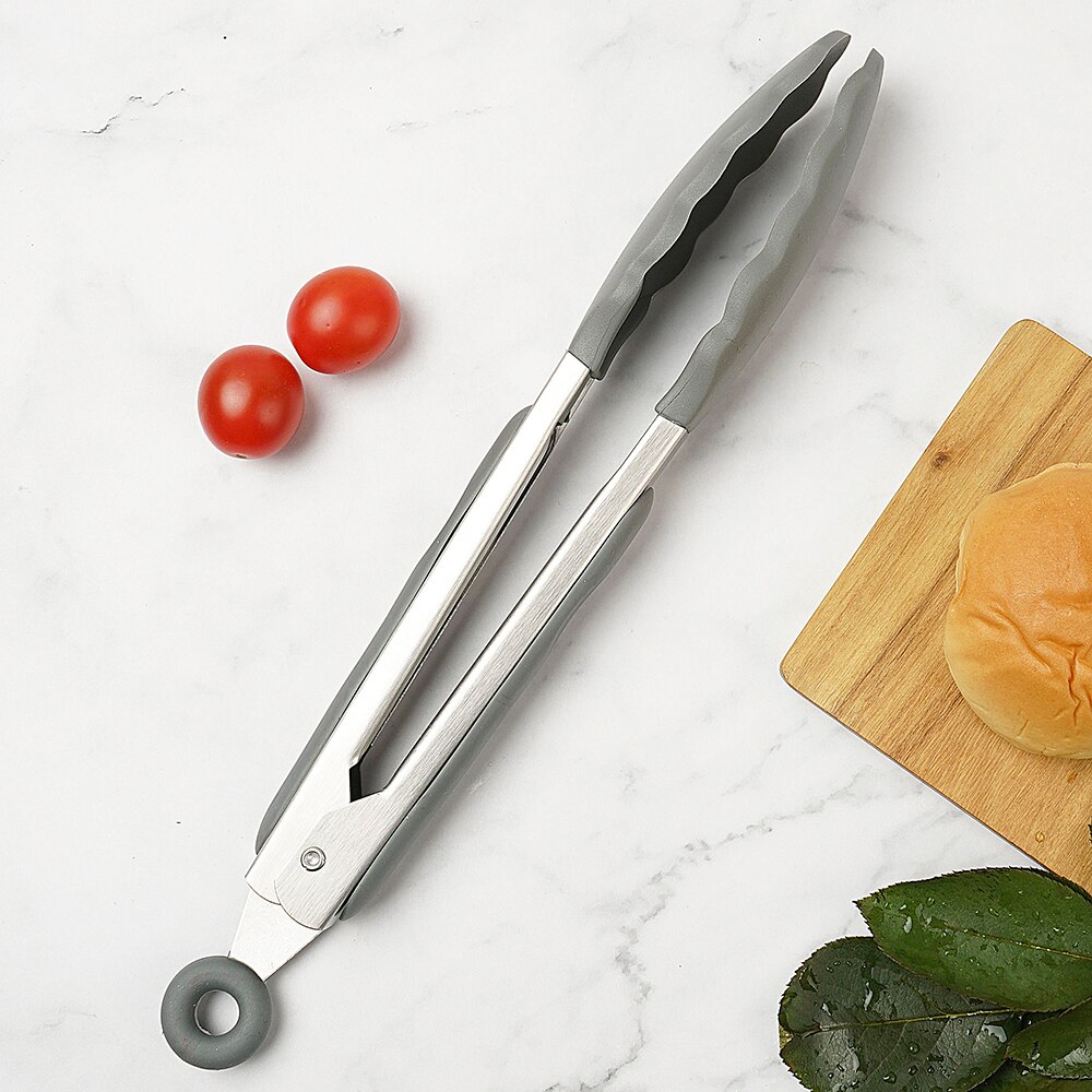 Silicone Food Tong Cooking Clip Clamp BBQ Salad Tools Stainless Steel Kitchen Tongs Silicone Non-slip Grill Kitchen Accessories: gray