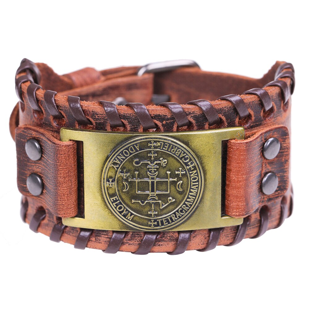 Skyrim Sigil Van Aartsengel Viking Brede Leren Armband Michael Raphael Talisman Vintage Angel Gothic Vermogen Bangles Man Sieraden: wide brown-bronze