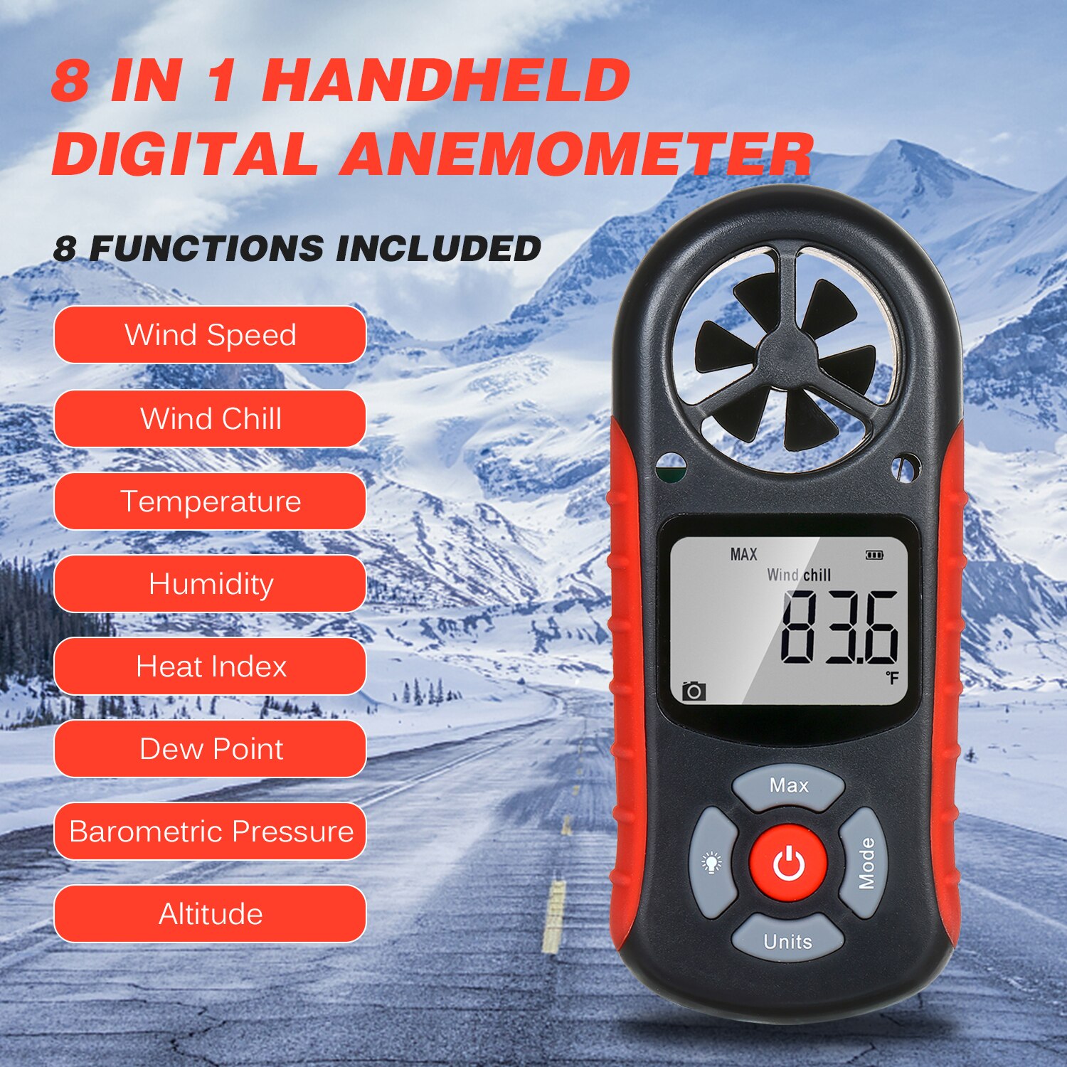 8 in 1 digitalt anemometer håndholdt vindhastighedsmåler til måling af vindhastighed, temperatur og vindkøling med baggrundslys lcd