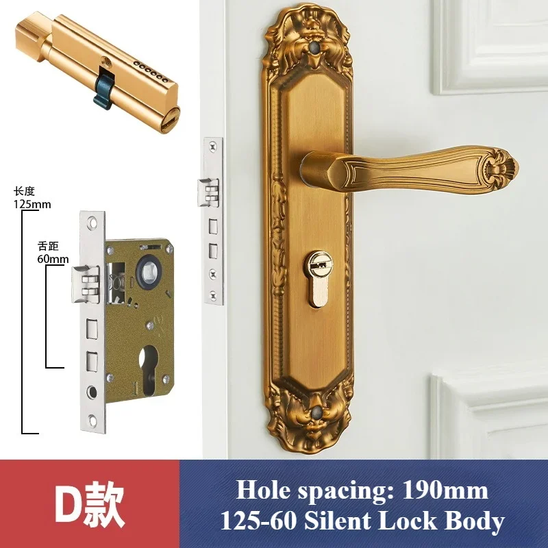 Cerradura de manija de puerta Retro de estilo europeo, cerradura Interior Vintage de aleación de aluminio para dormitorio, cerraduras de puerta de seguridad antirrobo para habitación del hogar: Oro