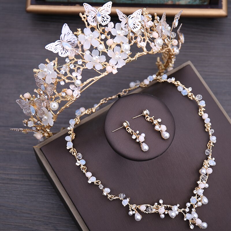 Bloemen Kristal Kralen Parel Gouden Bruids Sieraden Sets Strass Diadeem Tiara Ketting Oorbellen Barokke Kroon Bruiloft Sieraden Set: 3Pcs Jewelry Set2