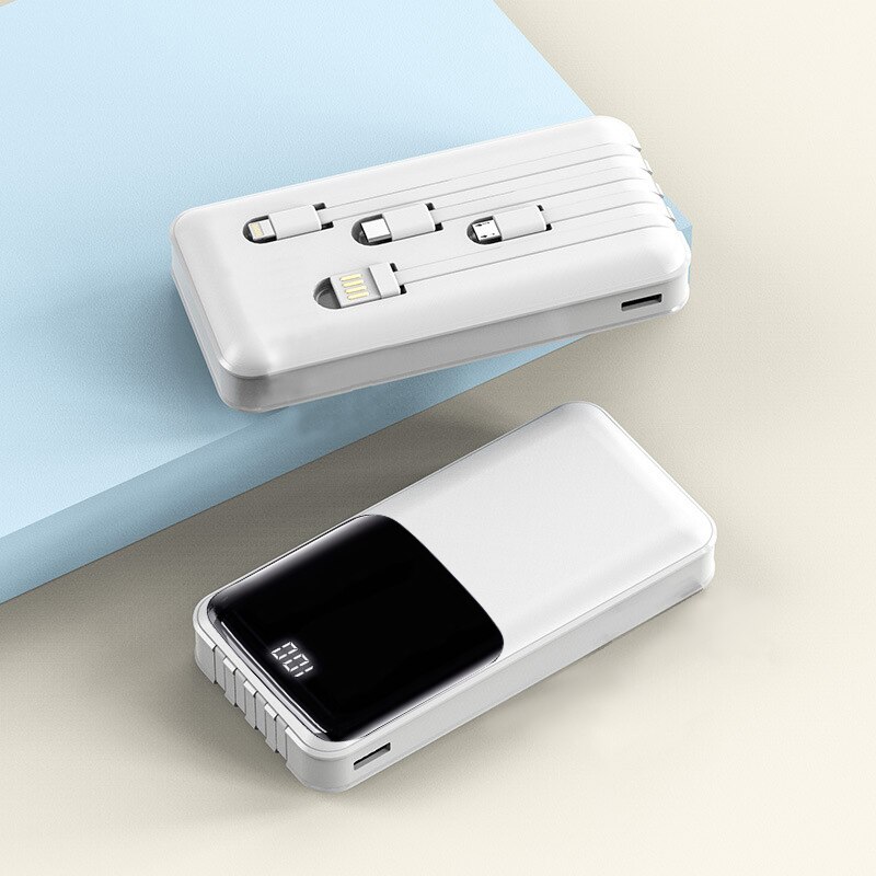10000 mah power bank, multifunctional external battery with 4 cables, micro usb, type c, flash, portable mobile charger, led, digital