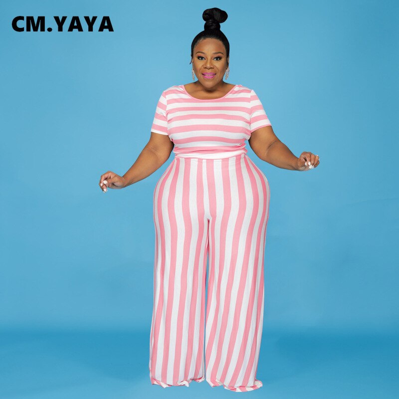 CM.YAYA Women Plus Size Tracksuit Striped Short Sleeve O-neck Tops Wide Leg Loose Pants Two 2 Piece Sets Casual Outfit Summer