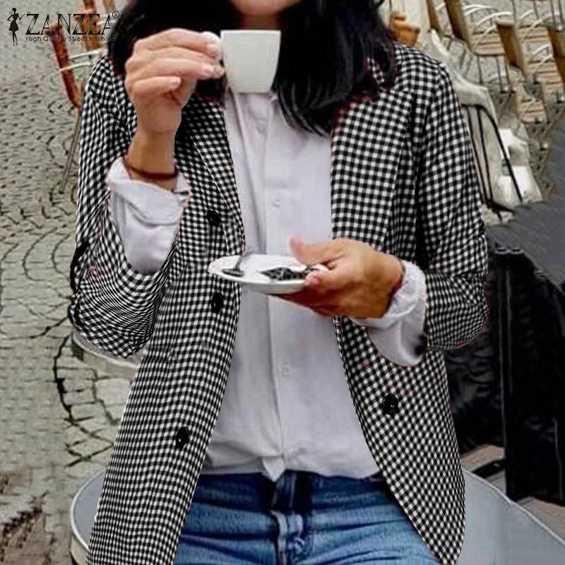 Zanzea kvinner rutete rutete blazer kontor dame uformelle lommer blazer feminino jakkeslag knapper chaqueta yttertøy pluss str.