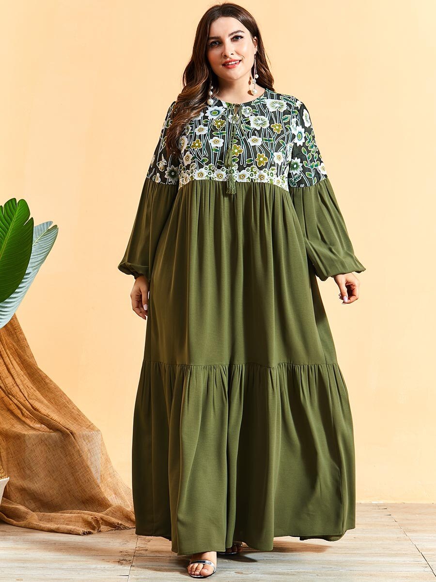 Herfst Winter Jurk Vrouwen Lange Mouw Borduurwerk Bloemen Elegante Jurk Maxi Lange Moslim Jurken Plus Size Islamitische Kleding: M