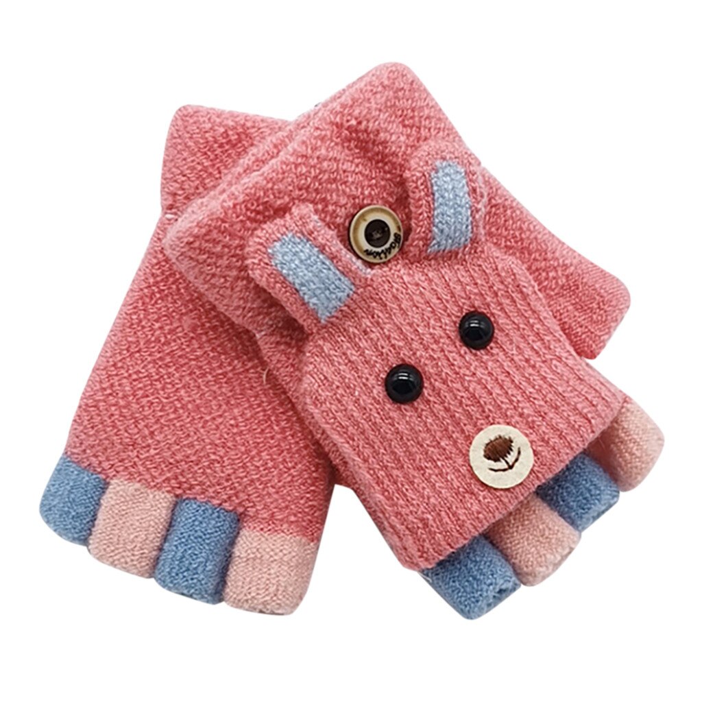 Baby Winter Handschoenen Kinderen Meisje Jongen Half Vinger Convertible Flip Top Cover Handschoenen Dier Warm Kinderen Gebreide Wanten # P4: Watermelon Red