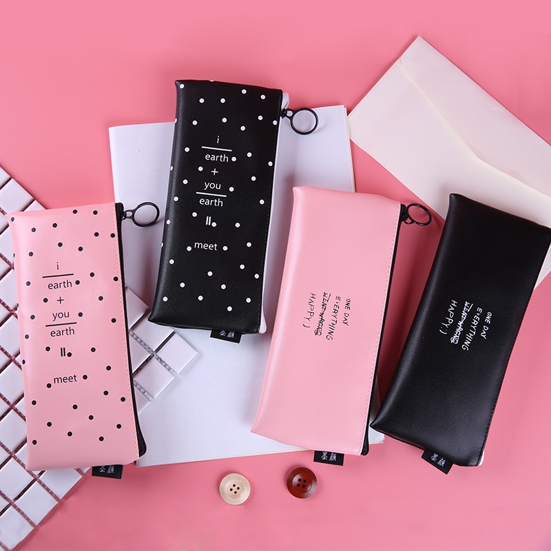 Estuche para lápices de lunares blancos y negros, bolsa rosa para lápices para adolescentes, niñas y mujeres, caja de cuero para bolígrafo, bolsa de papelería, suministros escolares