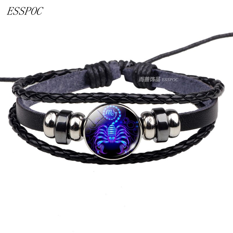 12 stjernebilleder sort reb flettet læder armbånd stjernetegn armbånd cancer leo jomfru libra scorpio til mænd kvinder: Skorpion
