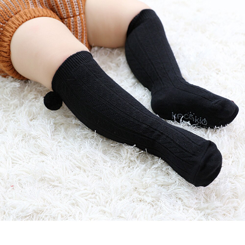 Hylidge calzini lunghi per neonati in cotone carino pompon bambini bambini calzini al ginocchio calzini da pavimento per bambini antiscivolo calzini da ragazza per ragazzo: Black / S (0-2 years)