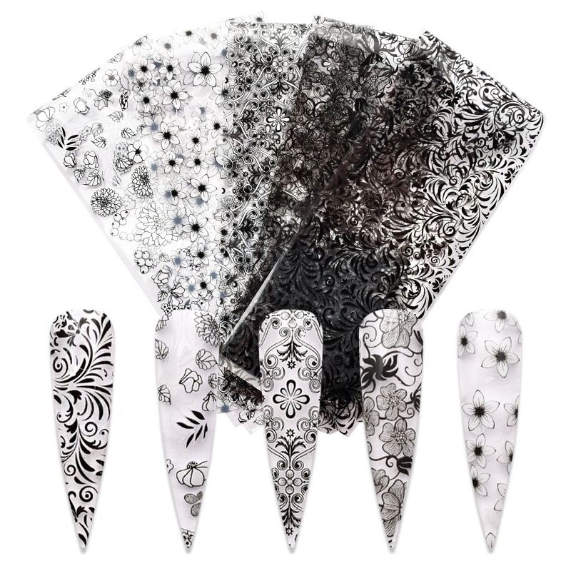 Zwart/Wit Kant Bloem Leaf Nail Stickers Varnish Mix Transfer Folie Nagels Decal Cursors Voor Nail Art Manicure Ontwerpen ZJT4048