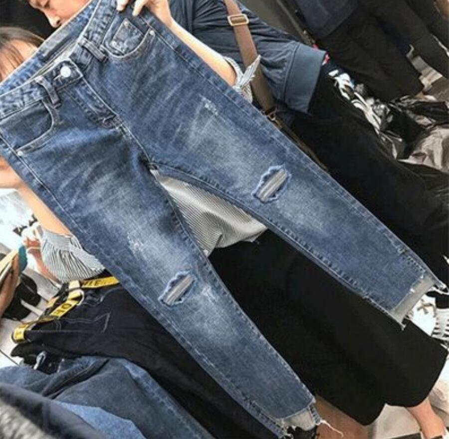 Kvinder denim skinny bukser ripped jeans til kvinder huller vintage pencil bukser høj elasticitet stretch bukser: Xxl / Hul-blå