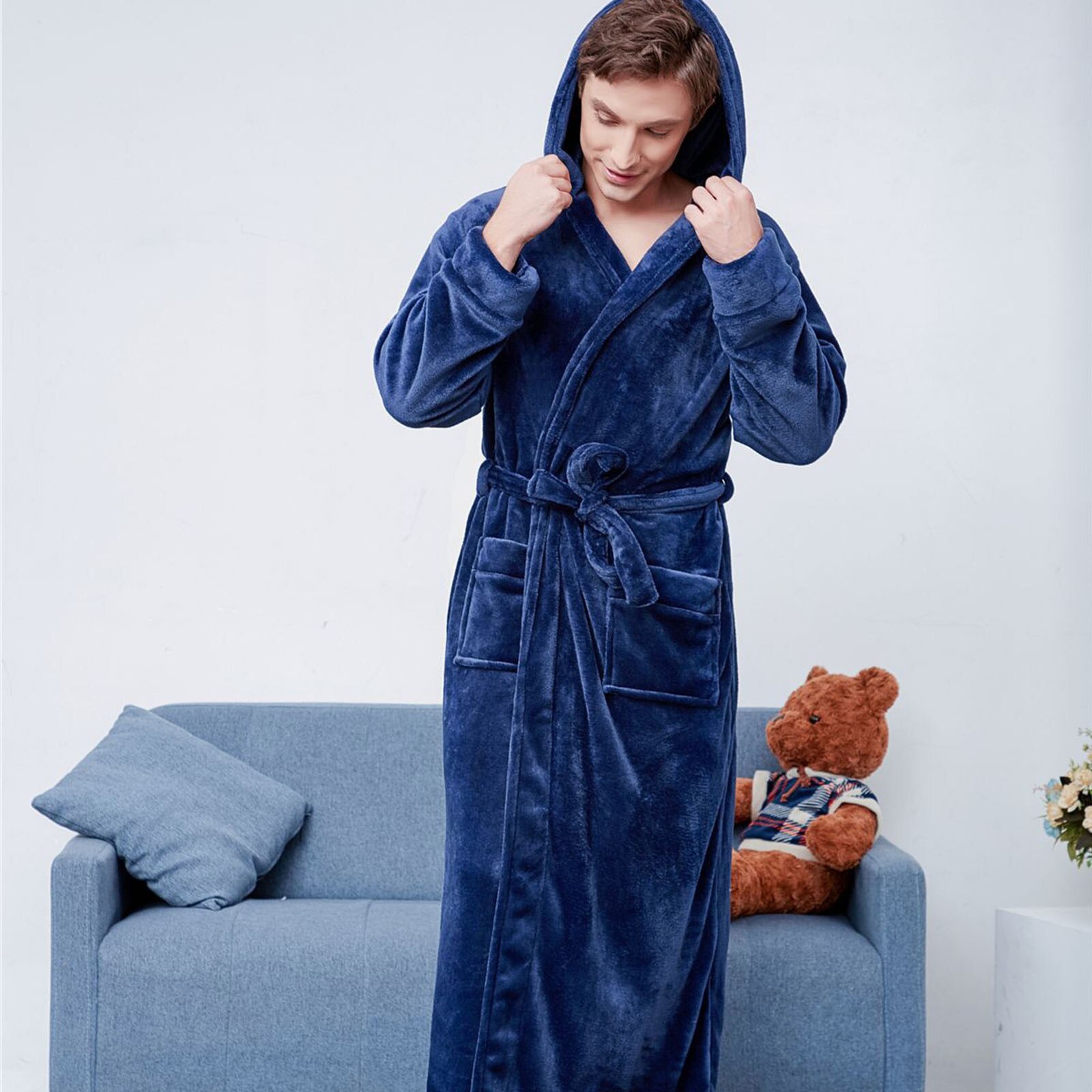Couple Pajamas Sleepwear Thick Flannel Solid Color Lapel Home Clothes Long Sleeved Hooded Robe Coat Winter Nightgowns