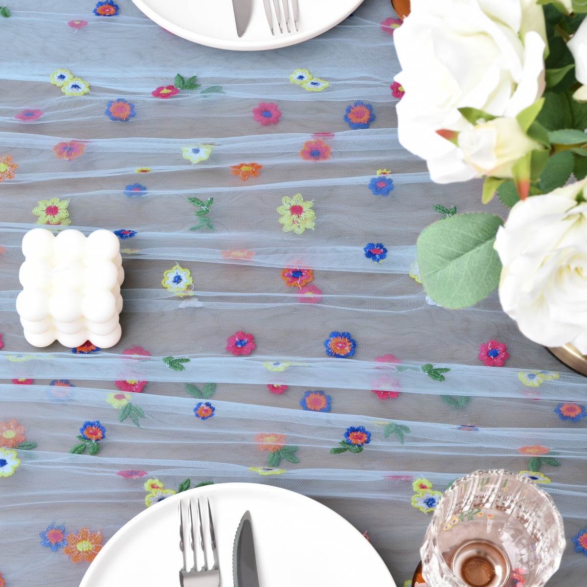 Bieżnik na stół w kwiaty, haftowana stokrotka, sezonowa dekoracja stołu, tiulowa tkanina robić dekoracji domu, niemowlę prysznic, imprez, rękodzieła DIY